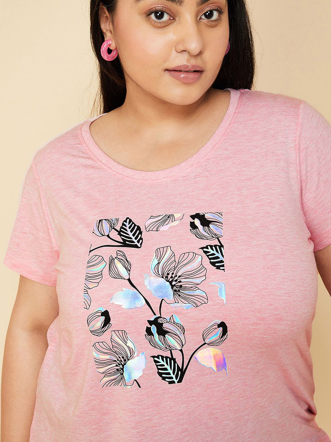 

max Women Floral Printed Round Neck Cotton T-shirt, Pink