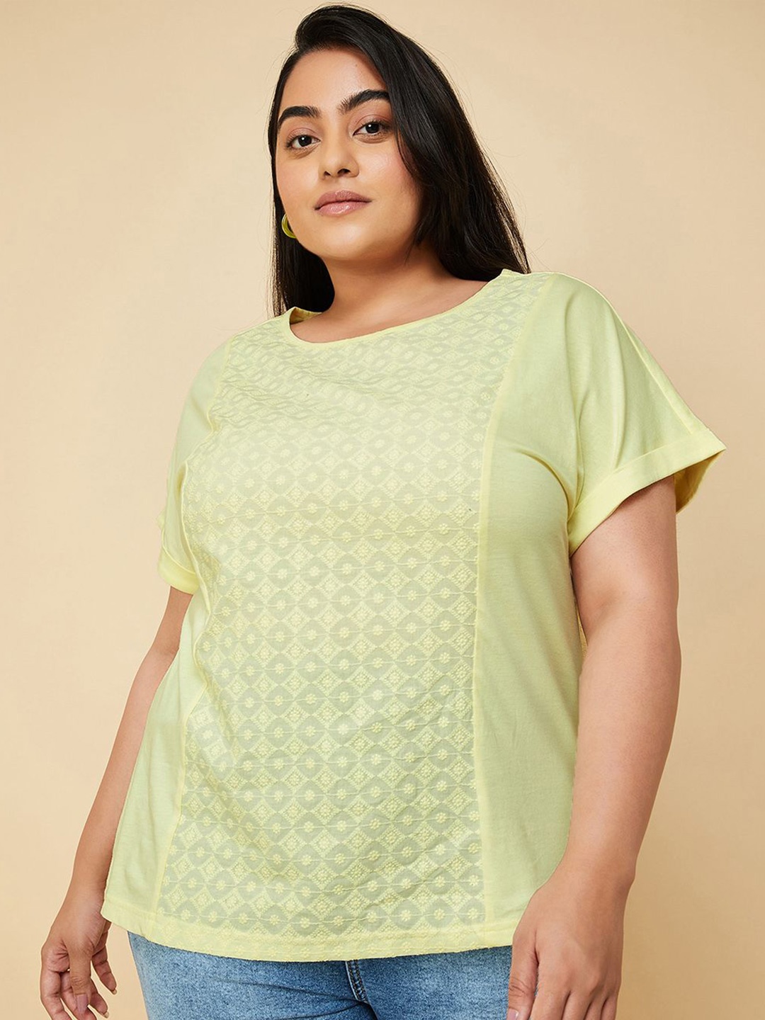 

max Women Printed Round Neck Cotton T-shirt, Green