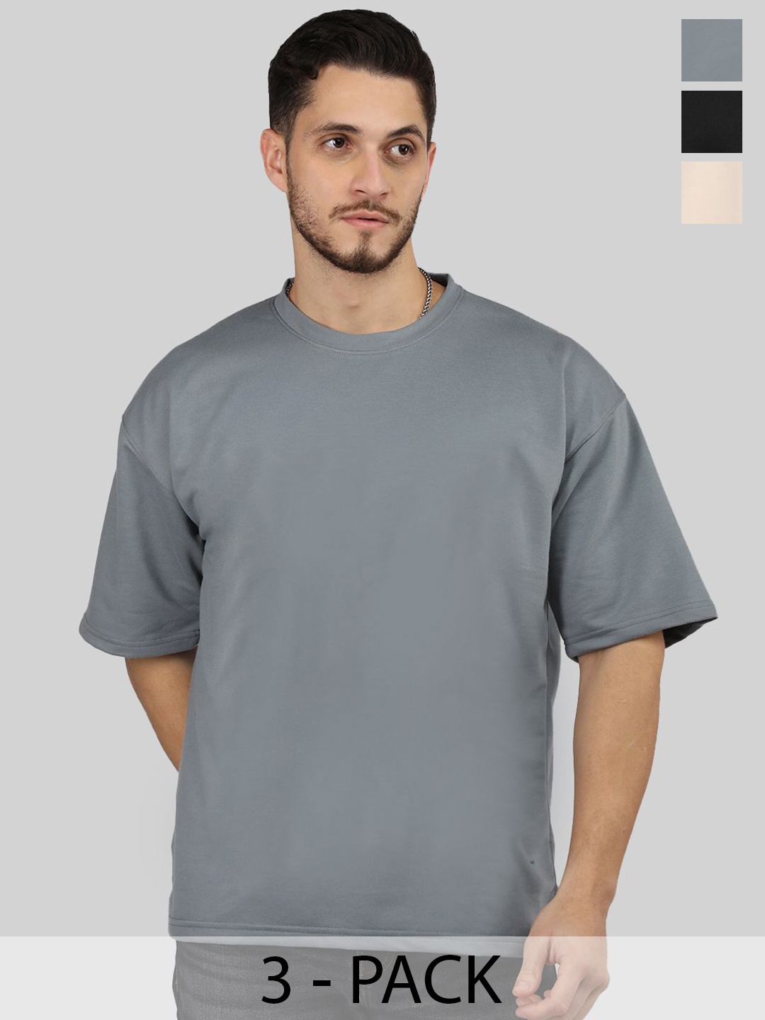 

CHKOKKO Men Pack Of 3 Solid Drop-Shoulder Sleeves Oversized T-shirt, Grey