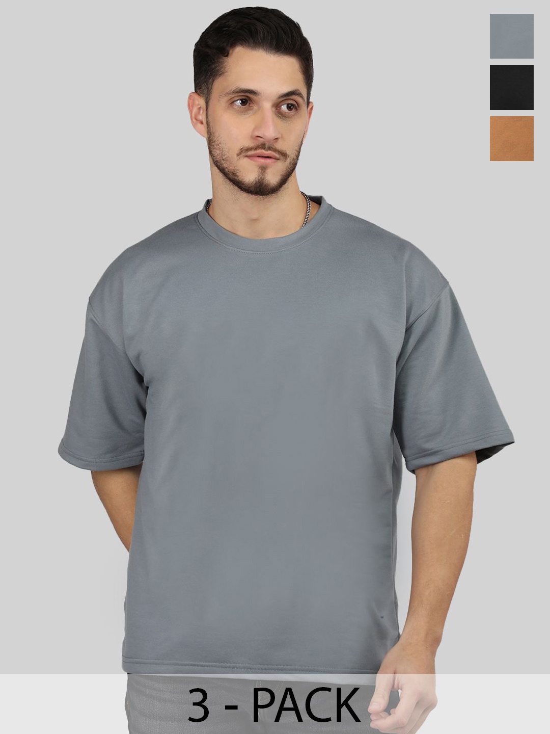 

CHKOKKO Men Pack Of 3 Solid Drop-Shoulder Sleeves Oversized T-shirt, Grey