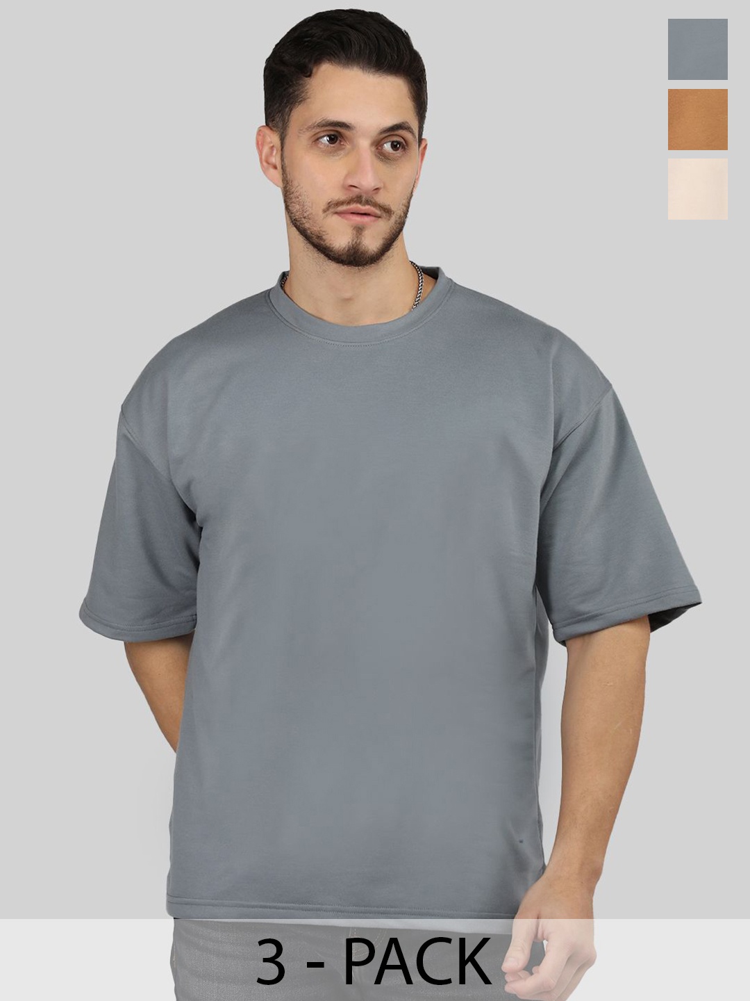 

CHKOKKO Men Pack Of 3 Solid Drop-Shoulder Sleeves Oversized T-shirt, Grey