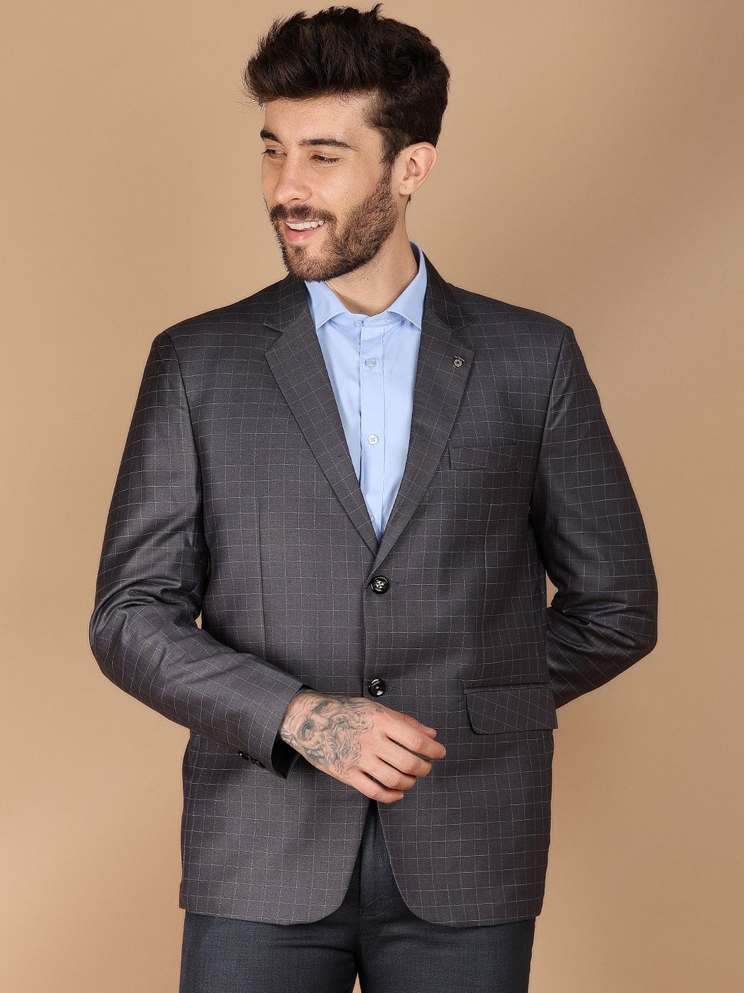 

V-Mart Checked Notched Lapel Collar Single Breasted Blazer, Charcoal