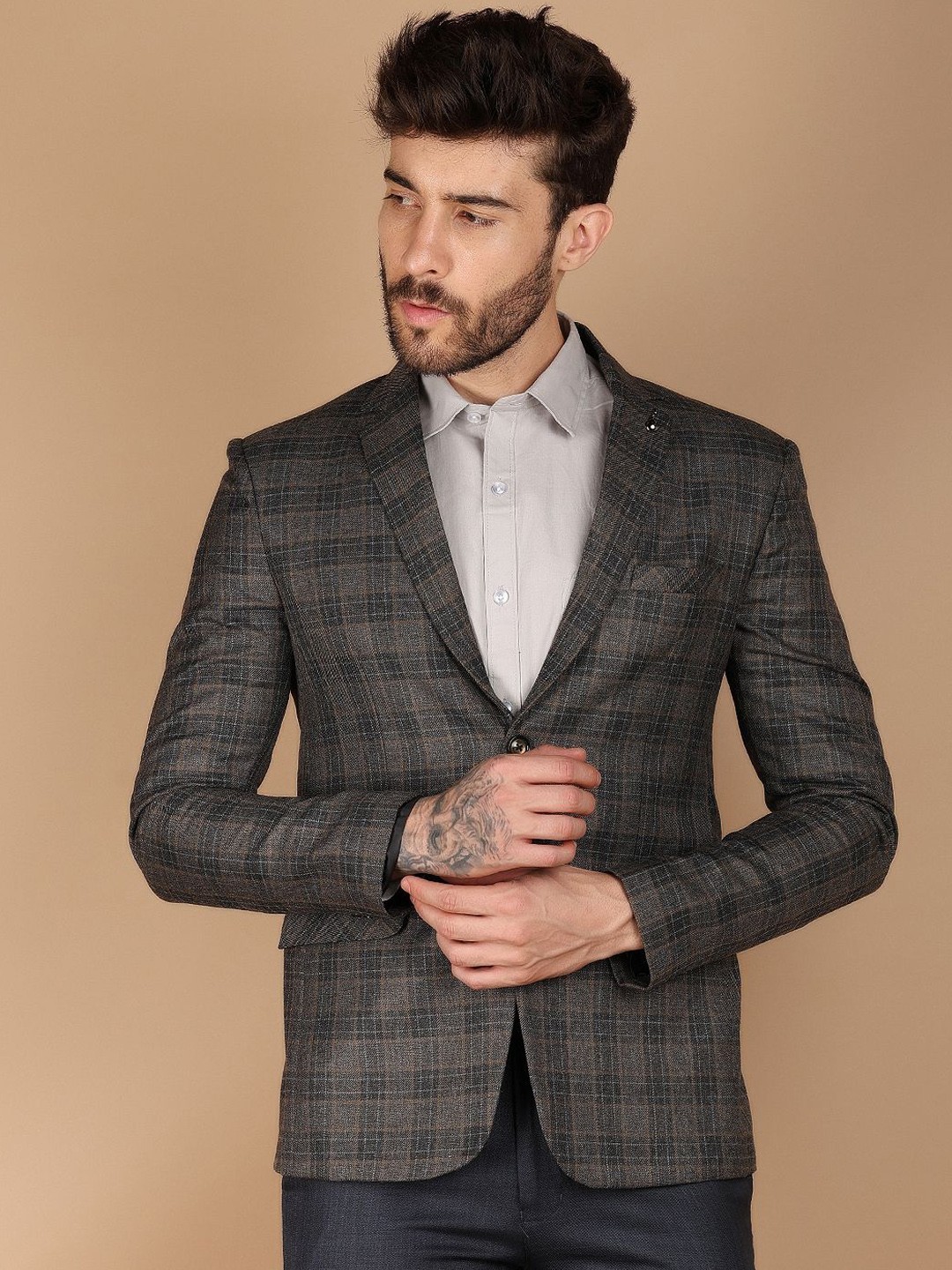 

V-Mart Checked Notched Lapel Single Breasted Blazer, Brown