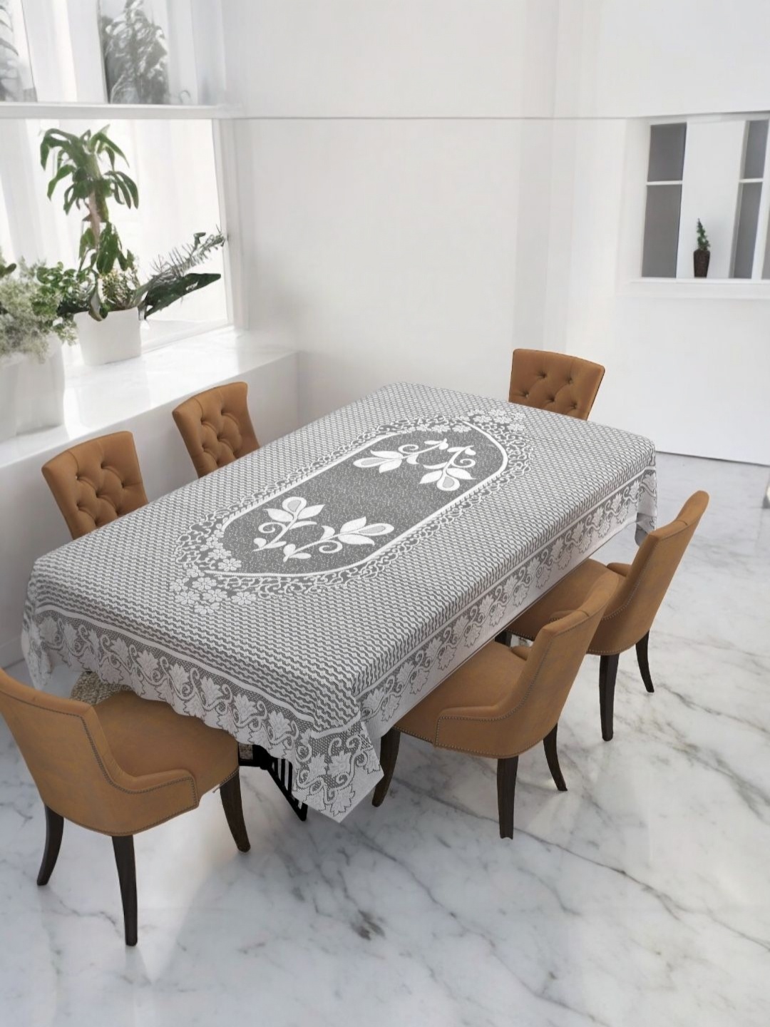 

BIGGER FISH Grey Floral Printed Cotton 6-Seater Table Cover