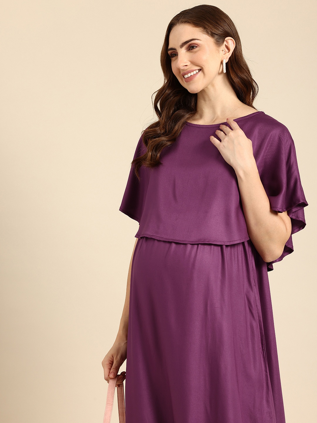 

Mystere Paris Flared Sleeves Layered Maternity A-Line Maxi Dress, Purple