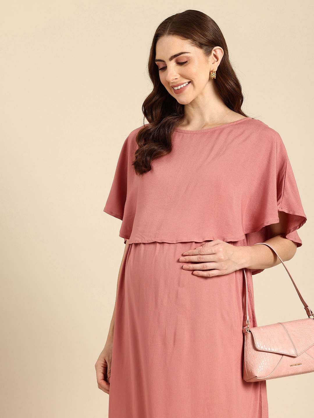 

Mystere Paris Flared Sleeves Layered Maternity A-Line Maxi Dress, Peach