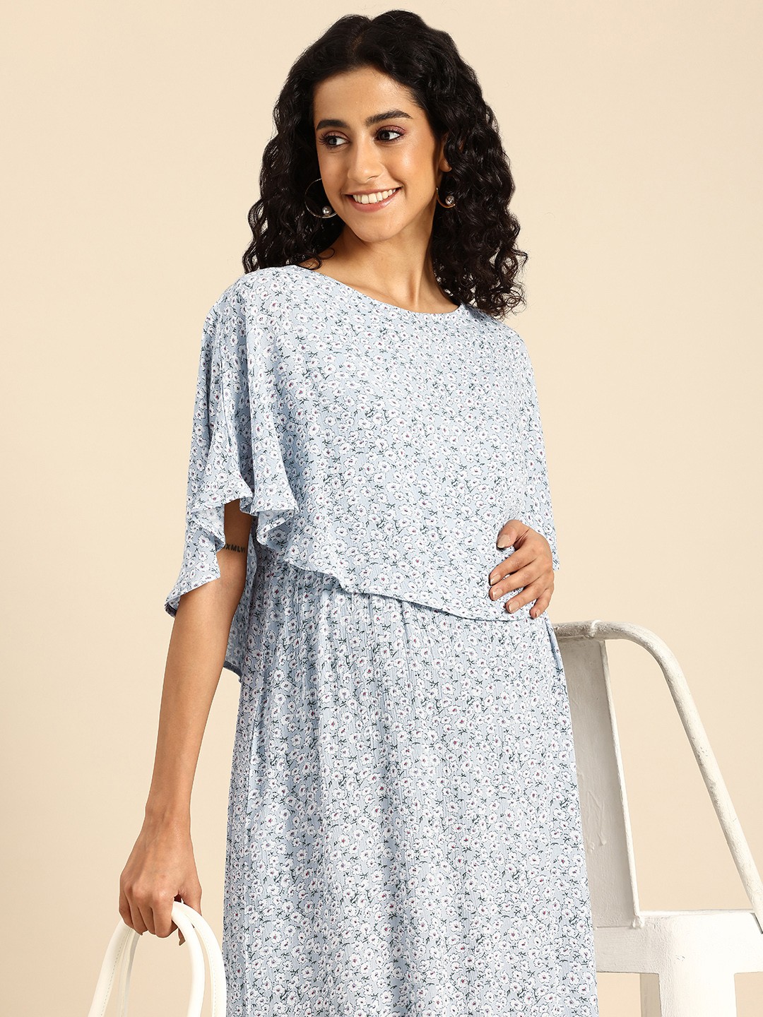 

Mystere Paris Floral Print Flared Sleeves Layered Maternity A-Line Maxi Dress, Blue