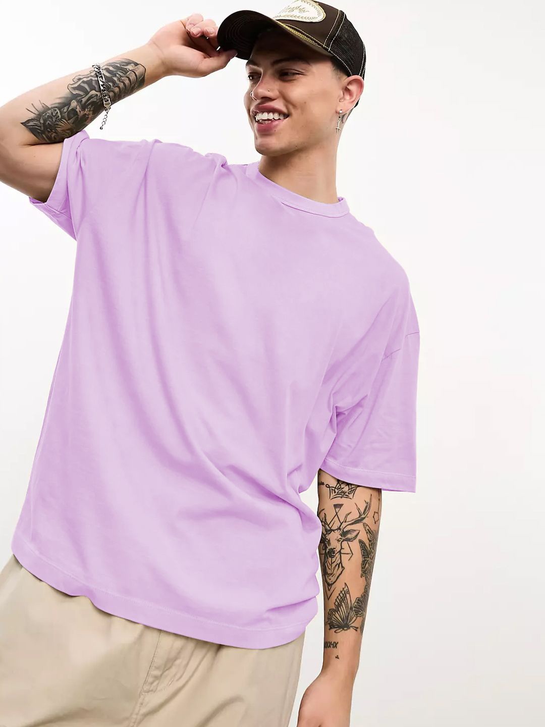 

CHKOKKO Men Solid Drop-Shoulder Sleeves Oversized T-shirt, Lavender