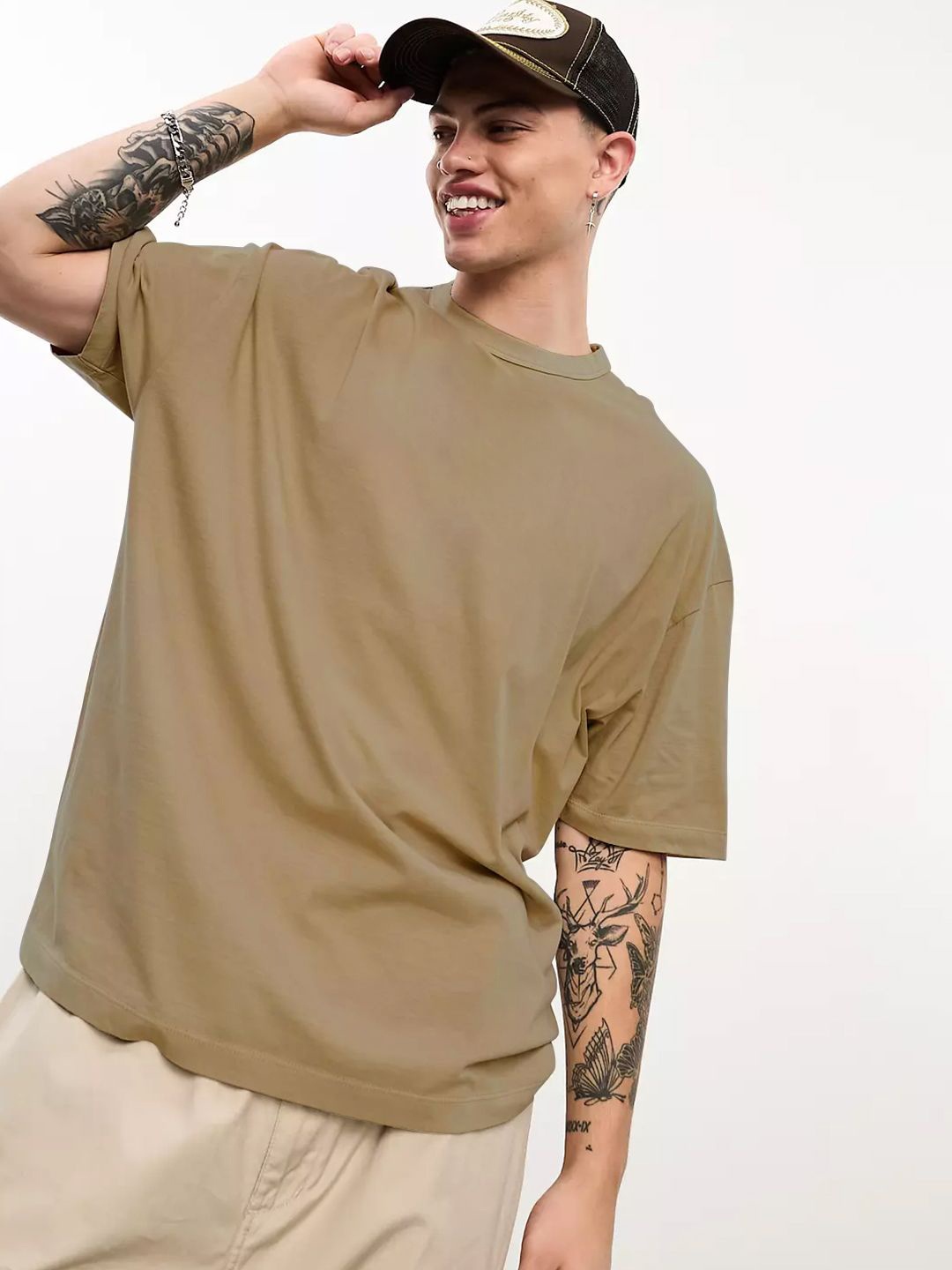 

CHKOKKO Men Solid Drop-Shoulder Sleeves Oversized T-shirt, Khaki
