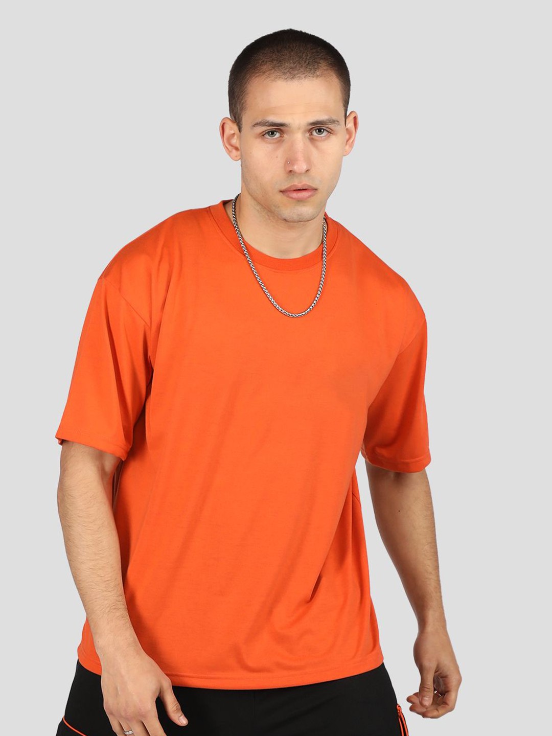 

CHKOKKO Men Solid Drop-Shoulder Sleeves Oversized T-shirt, Orange
