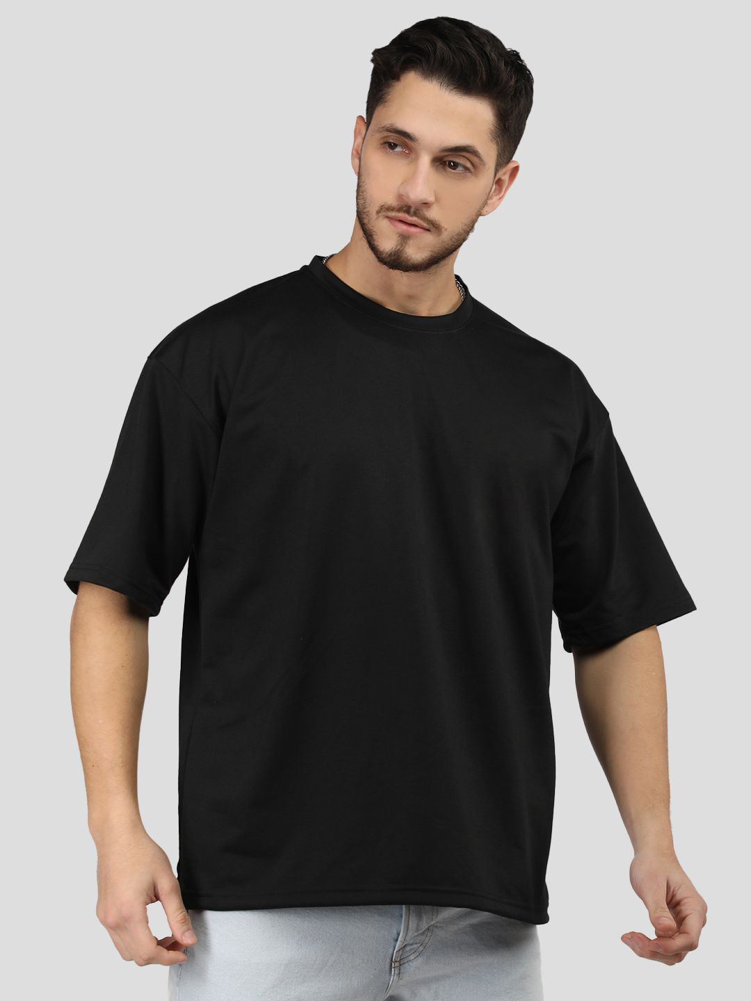 

CHKOKKO Men Solid Drop-Shoulder Sleeves Oversized T-shirt, Black