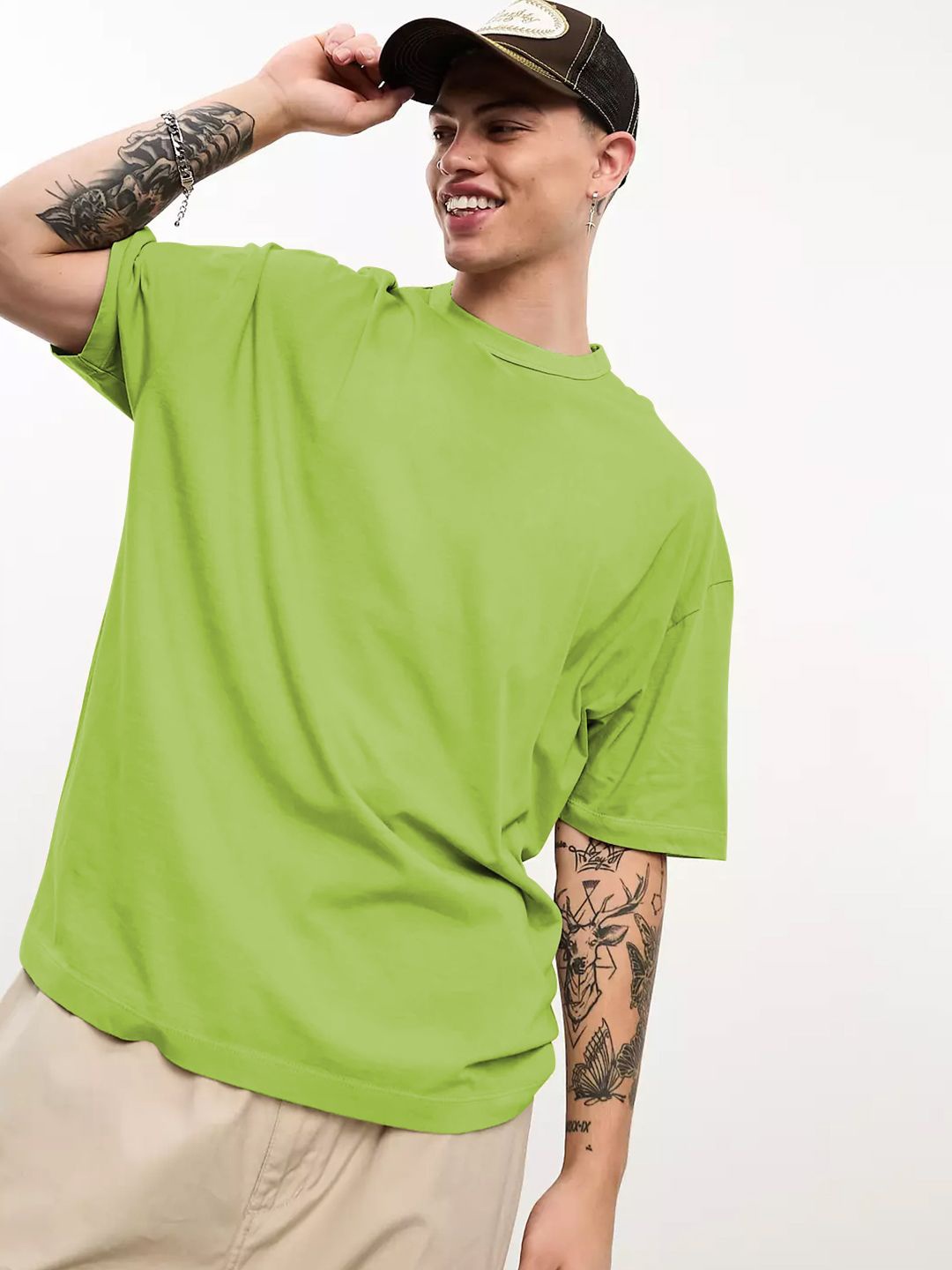 

CHKOKKO Men Solid Drop-Shoulder Sleeves Oversized T-shirt, Green