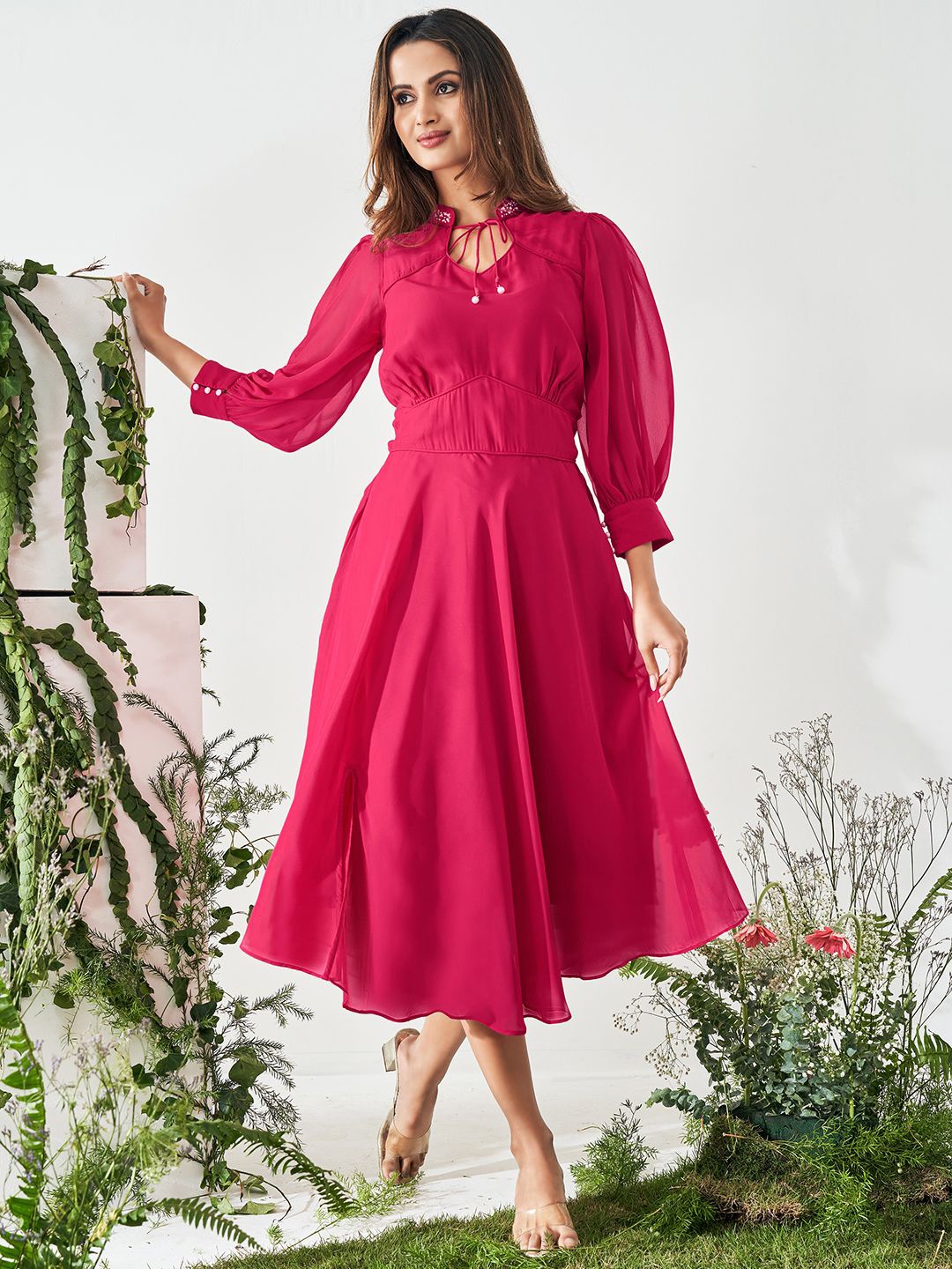 

DRESOUL Floral Tie-Up Neck Puff Sleeve Georgette Fit & Flare Midi Dress, Pink