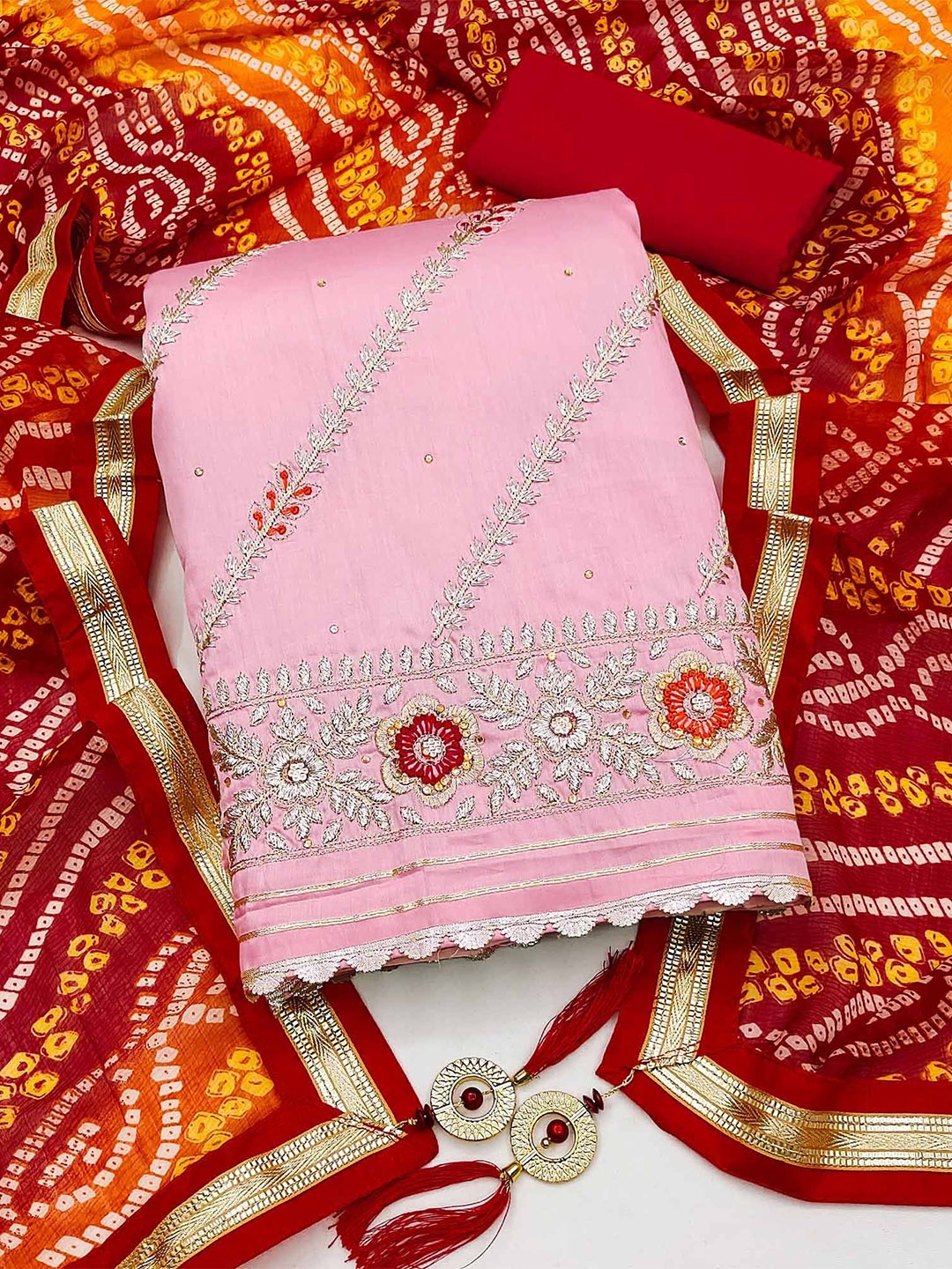 

Peachmode Ethnic Motifs Embroidered Pure Cotton Unstitched Dress Material, Pink