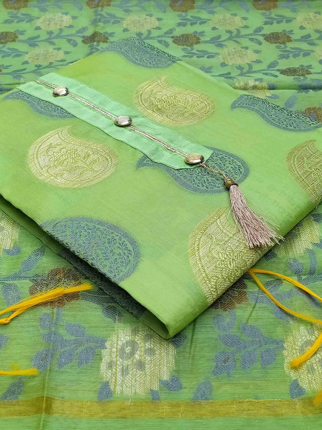 

Peachmode Ethnic Motifs Woven Design Unstitched Dress Material, Green