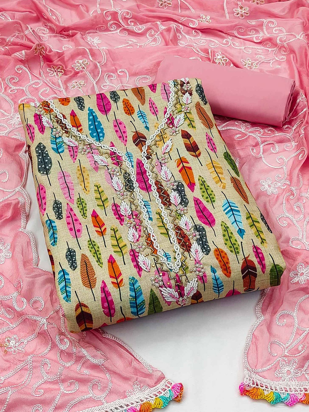 

Peachmode Printed Pure Cotton Unstitched Dress Material, Beige