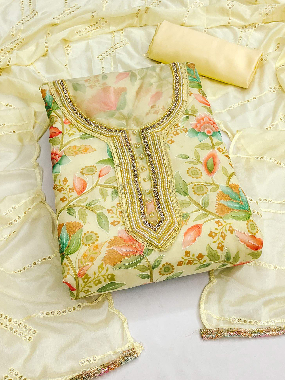 

Peachmode Printed Organza Unstitched Dress Material, Yellow