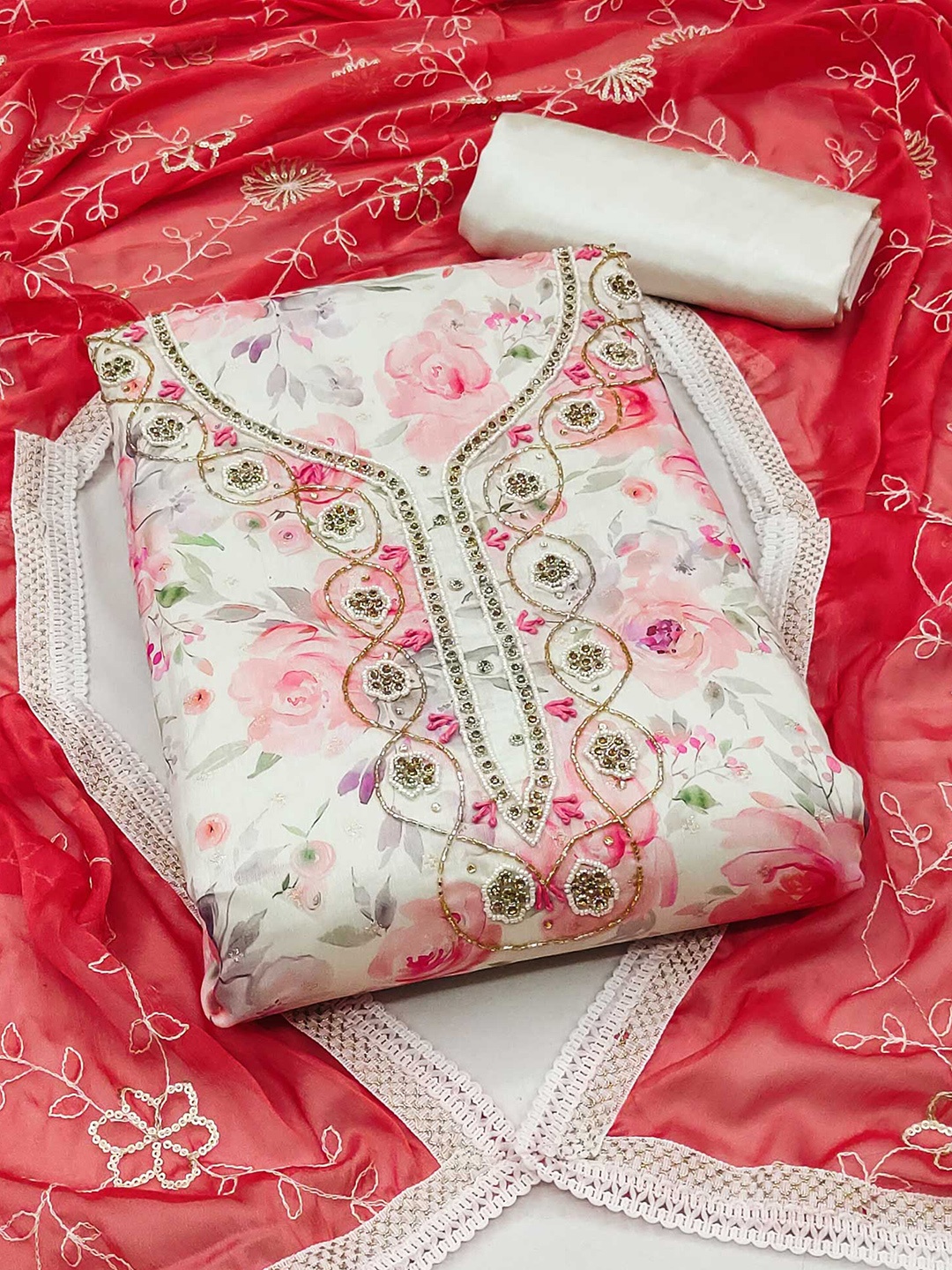 

Peachmode Floral Printed Unstitched Dress Material, White