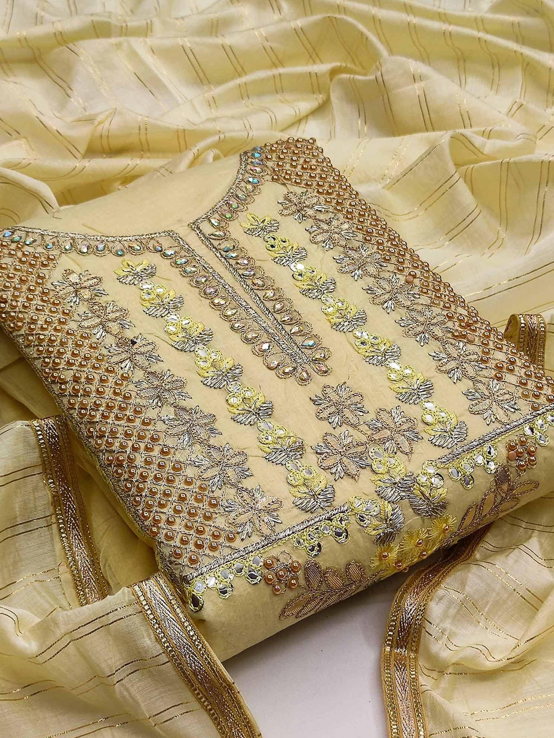 

Peachmode Floral Embroidered Unstitched Dress Material, Yellow
