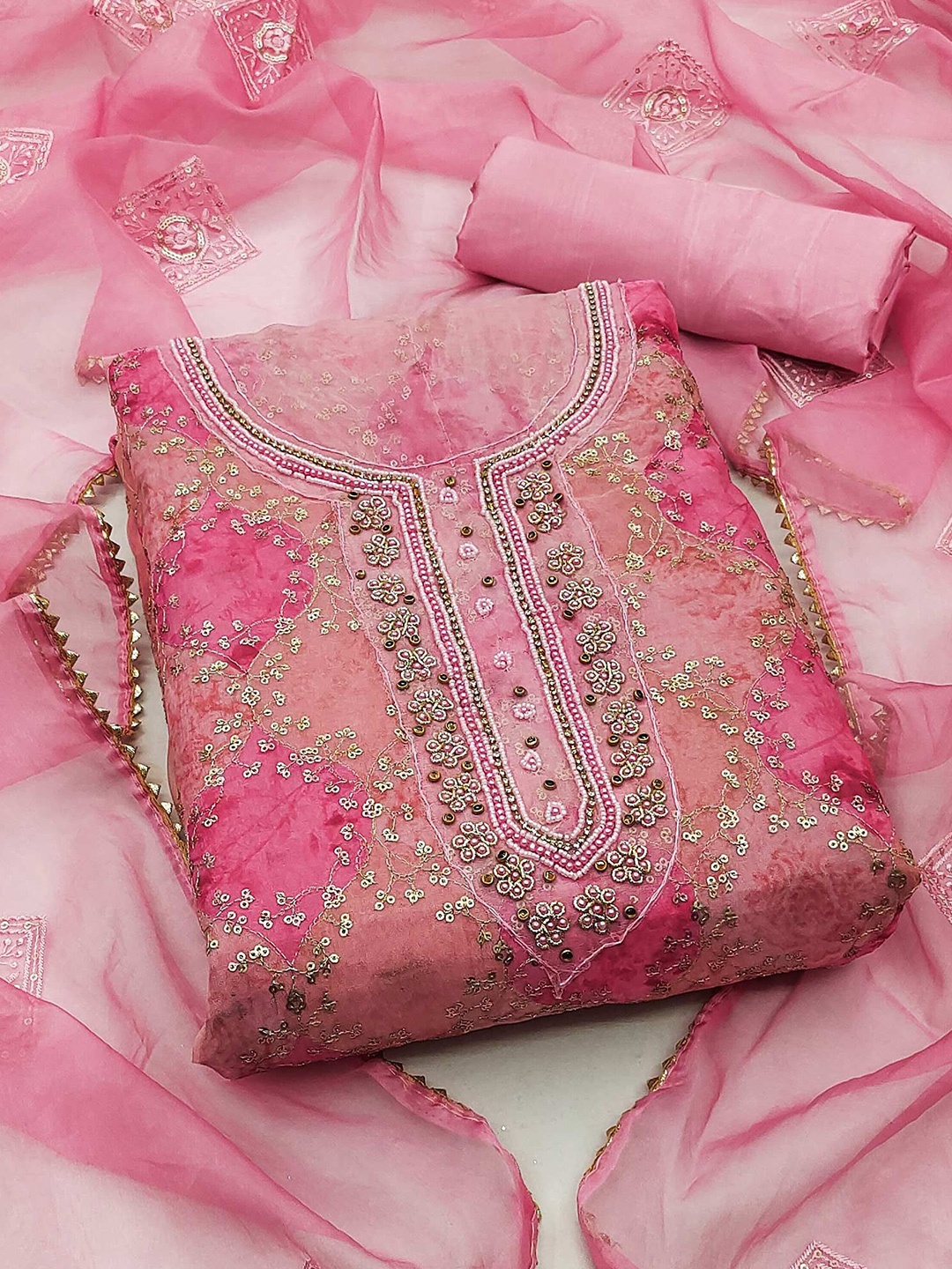 

Peachmode Embroidered Organza Unstitched Dress Material, Pink