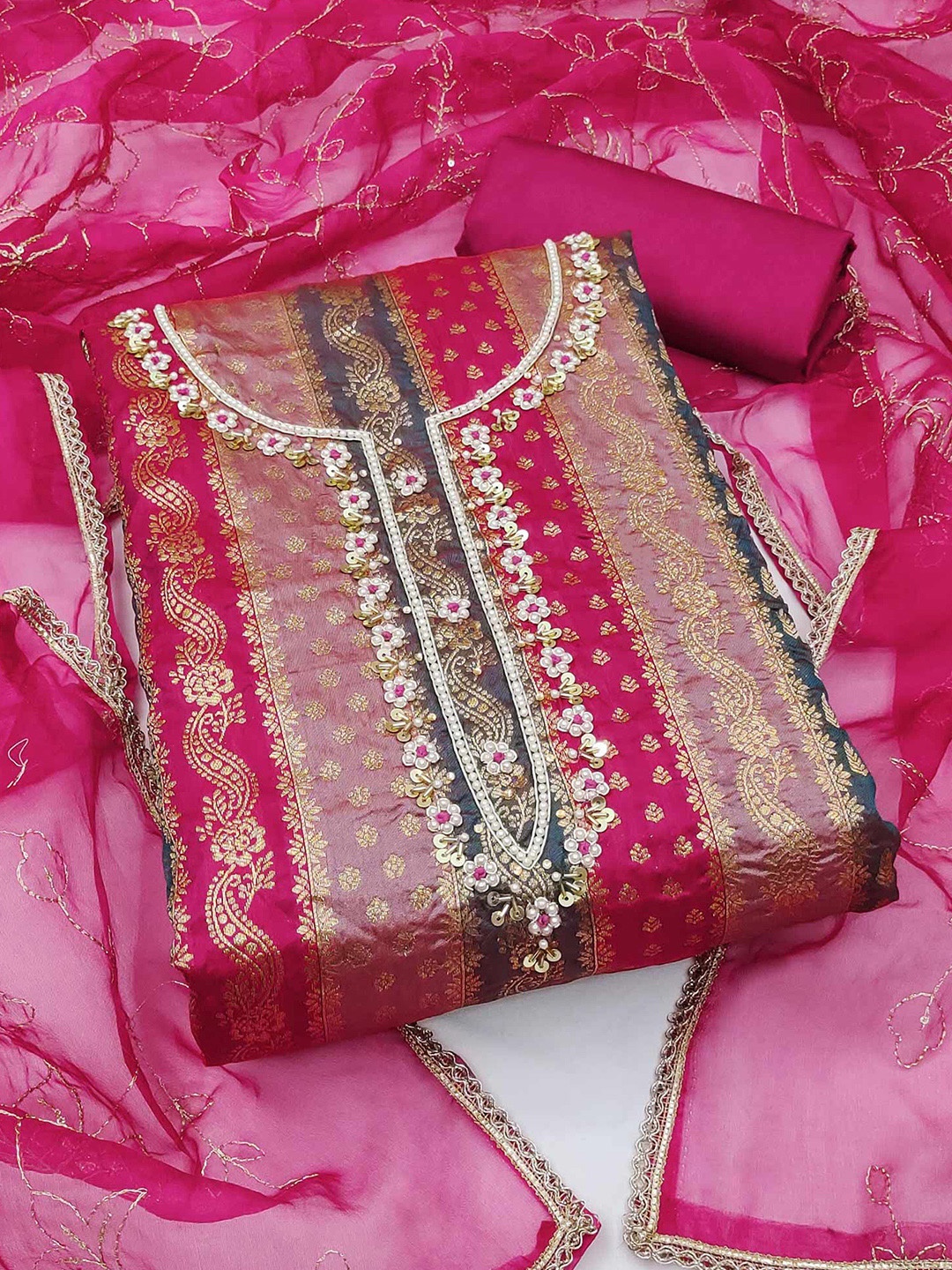 

Peachmode Floral Woven Design Unstitched Dress Material, Pink