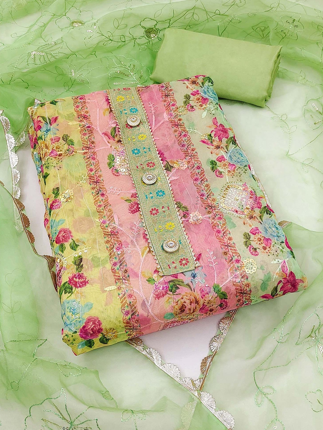 

Peachmode Floral Embroidered Organza Unstitched Dress Material, Green