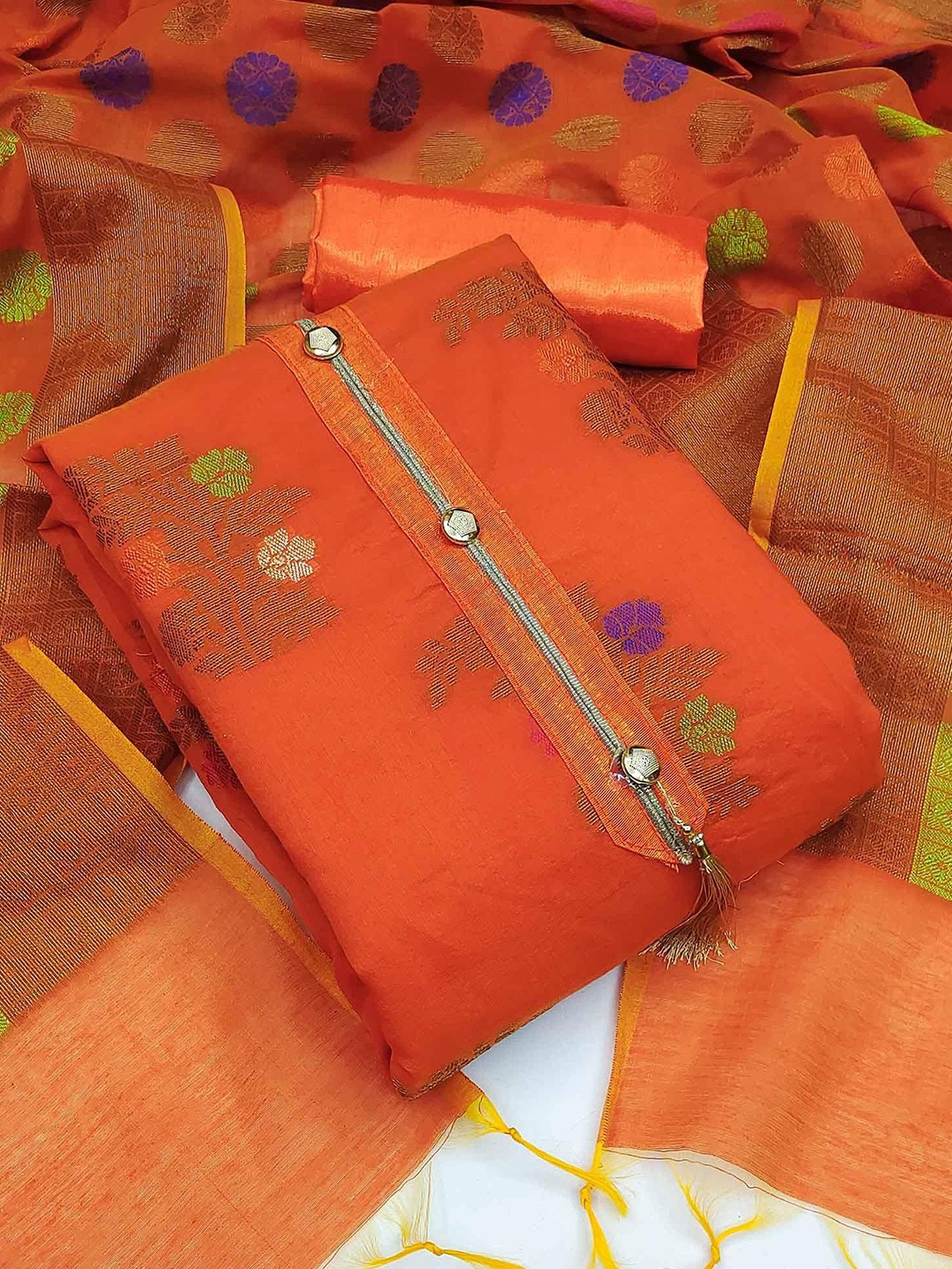 

Peachmode Floral Woven Design Unstitched Dress Material, Orange