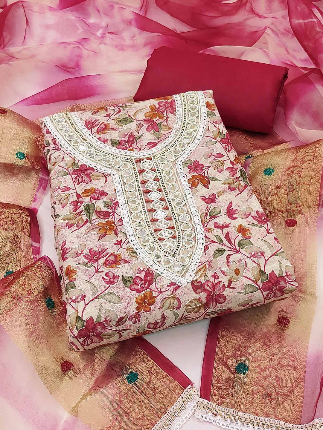 

Peachmode Floral Printed Pure Cotton Unstitched Dress Material, Cream