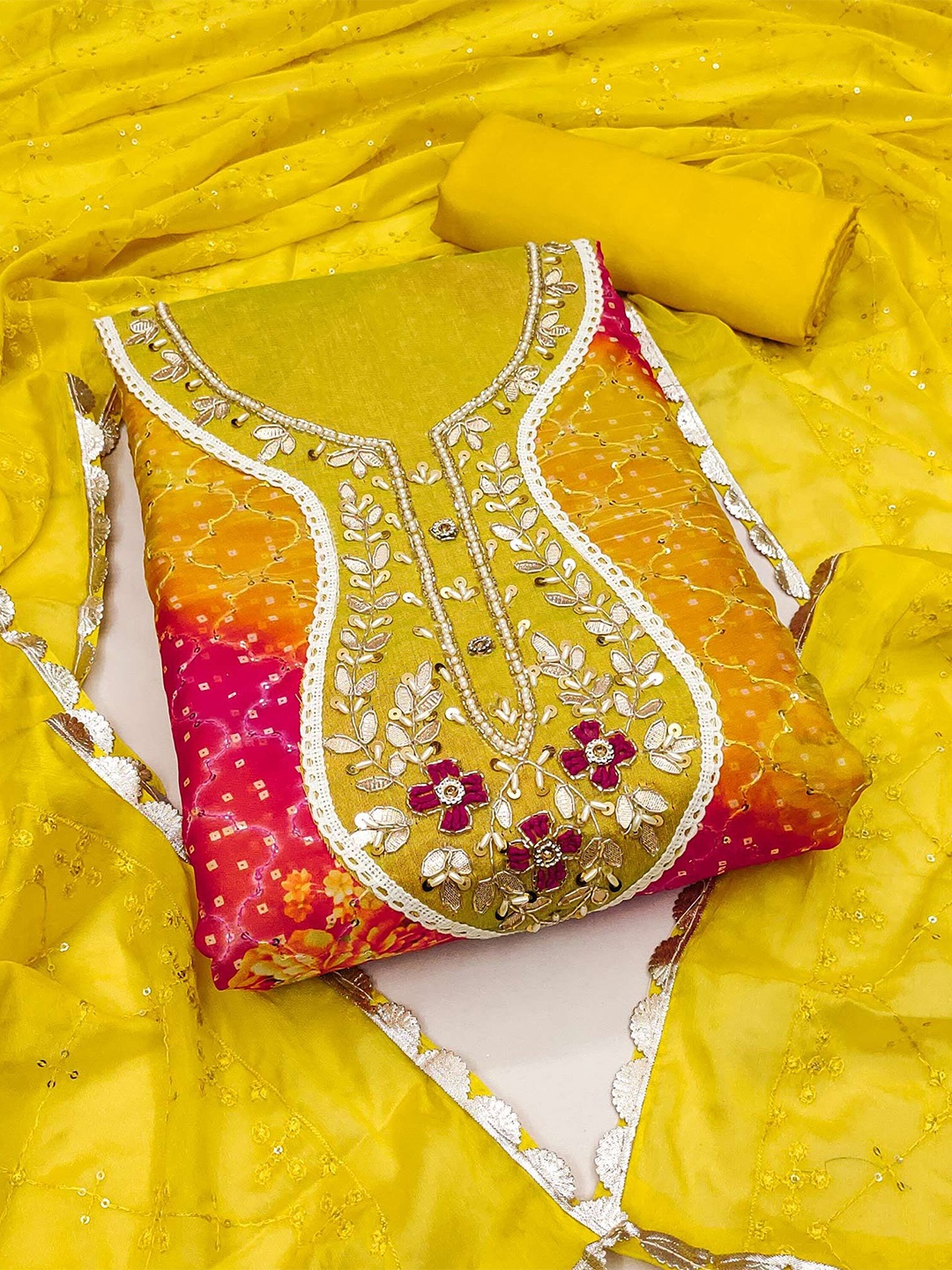 

Peachmode Floral Embroidered Organza Unstitched Dress Material, Yellow