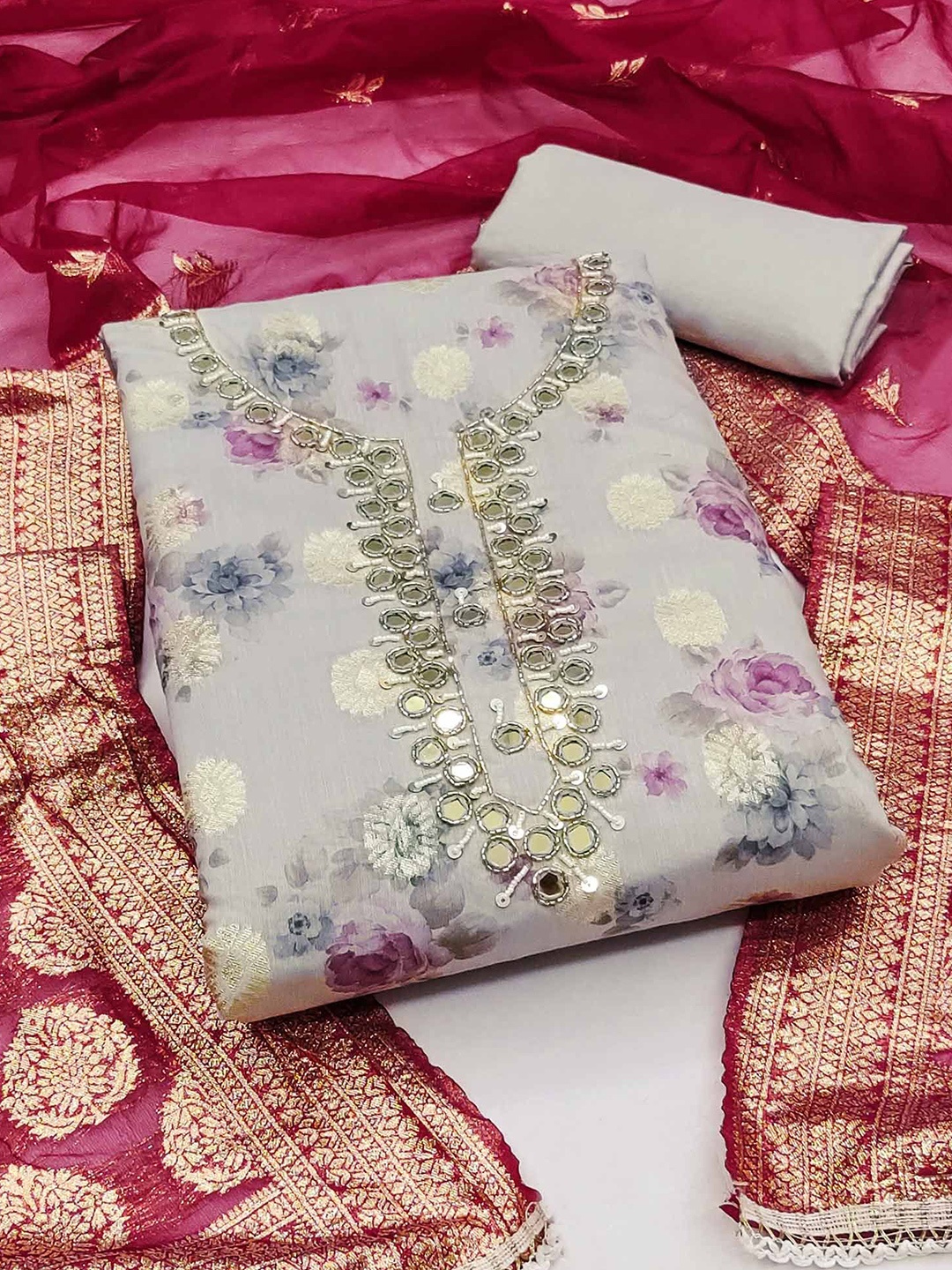 

Peachmode Floral Woven Design Unstitched Dress Material, Grey