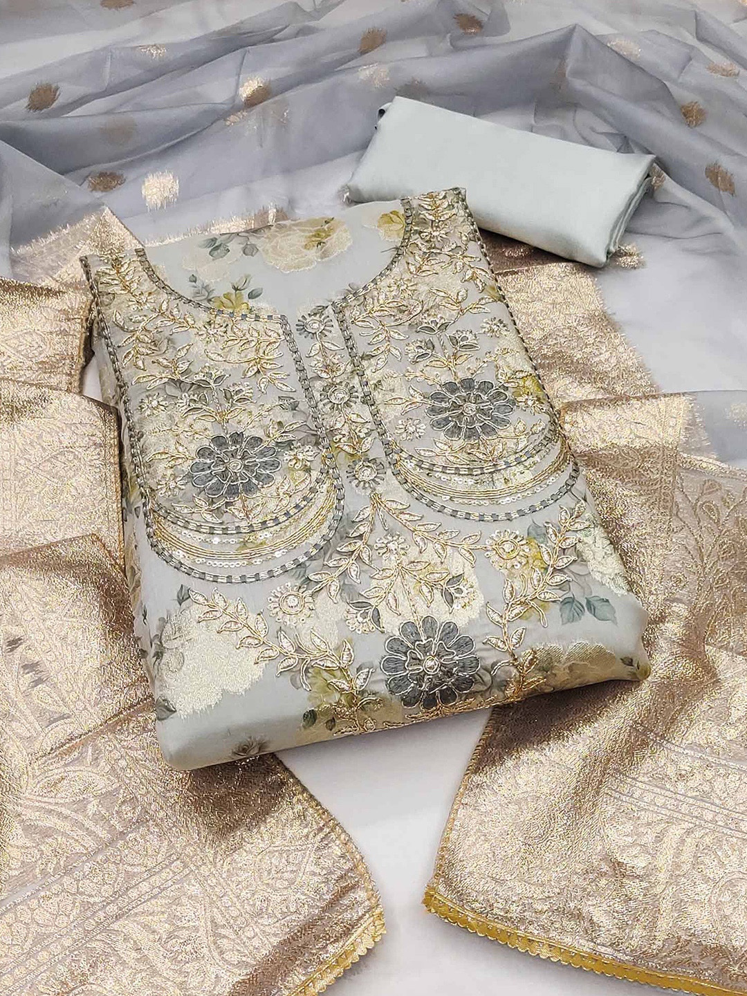 

Peachmode Floral Woven Design Sequinned Unstitched Dress Material, Grey