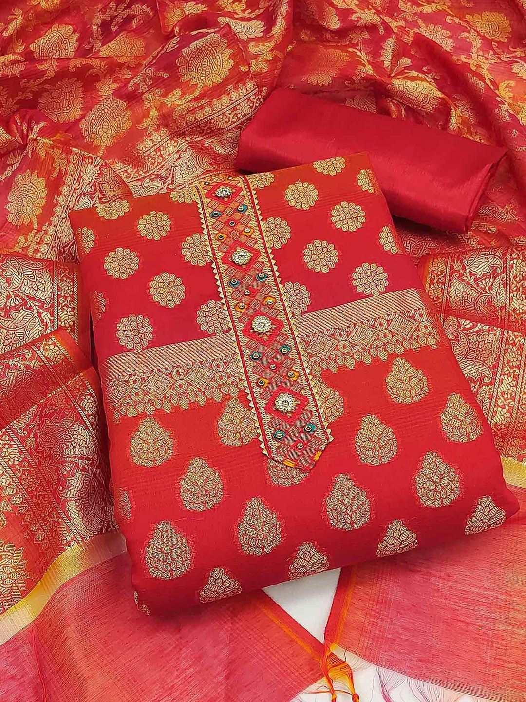 

Peachmode Floral Woven Design Zari Unstitched Dress Material, Red