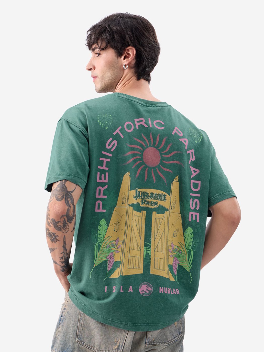 

The Souled Store Men Jurassic Park Printed Oversized Pure Cotton T-shirt, Green