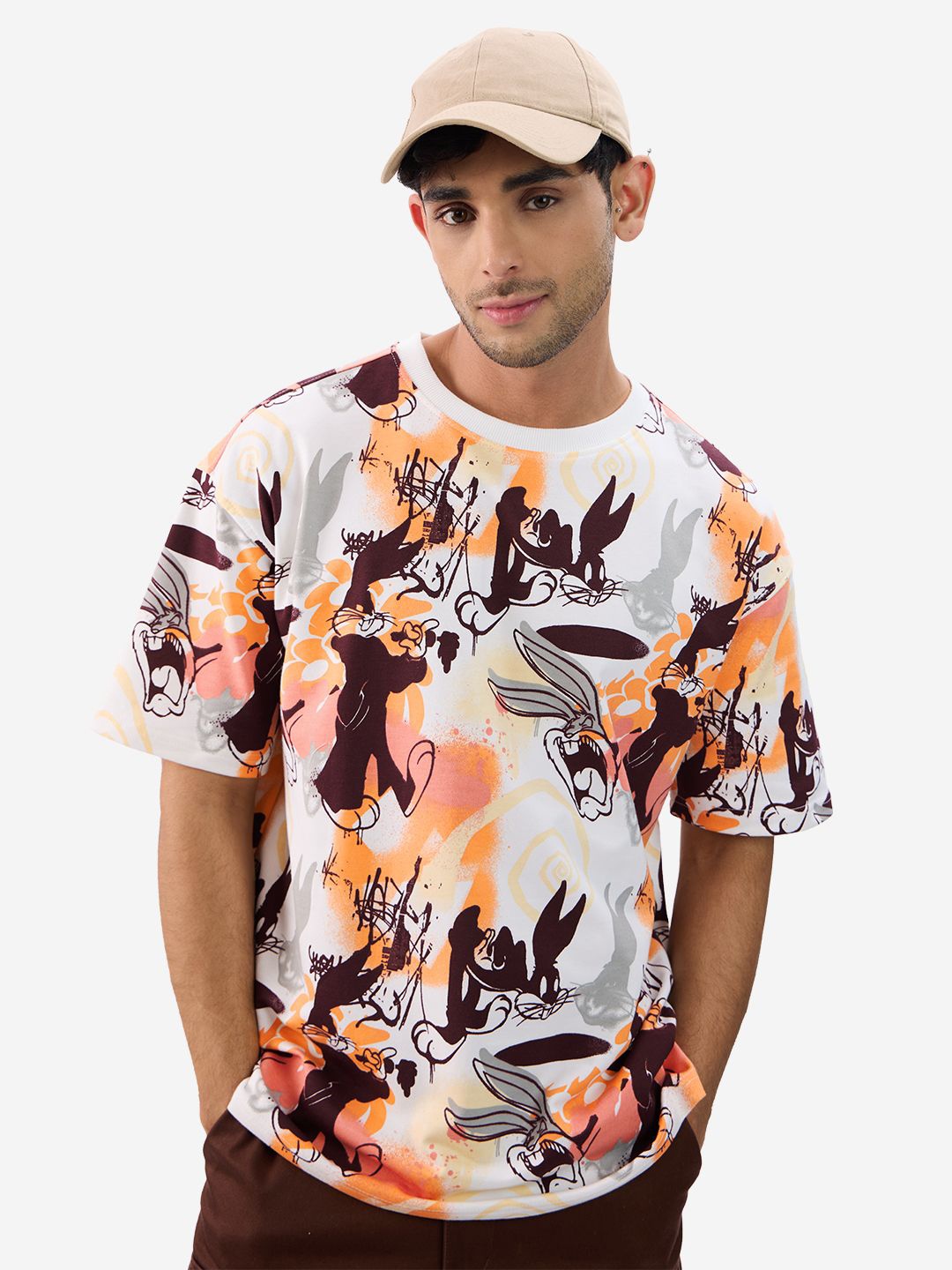 

The Souled Store Men Looney Tunes Printed Oversized Pure Cotton T-shirt, White