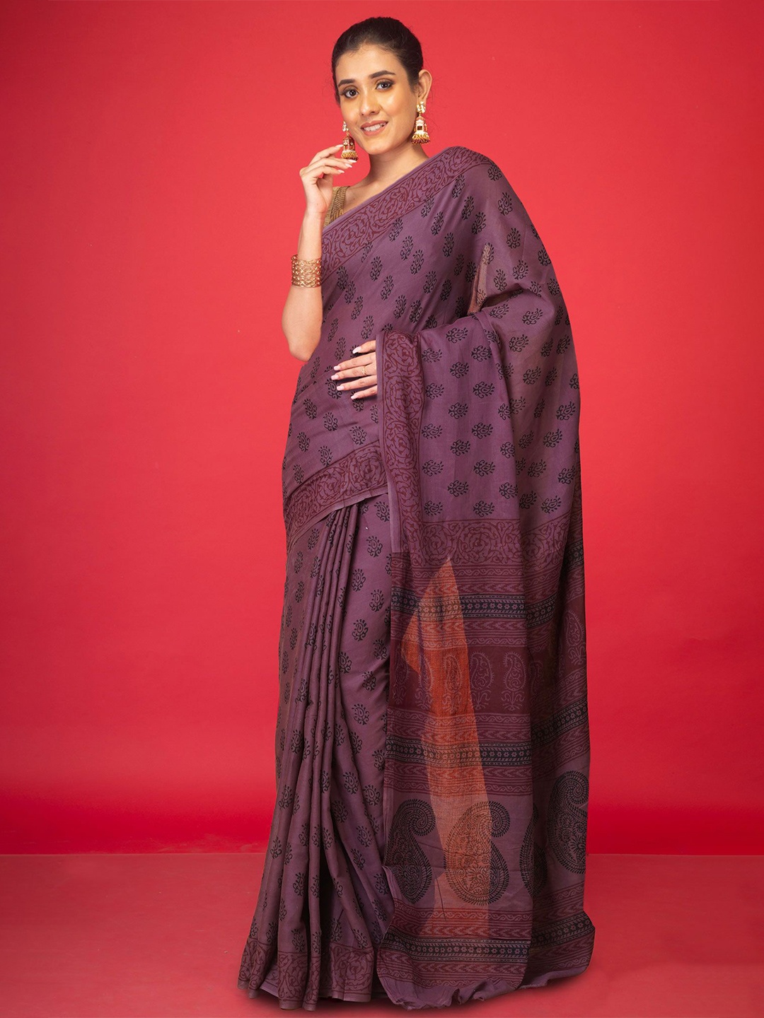 

Unnati Silks Bagh Printed Border Saree, Brown