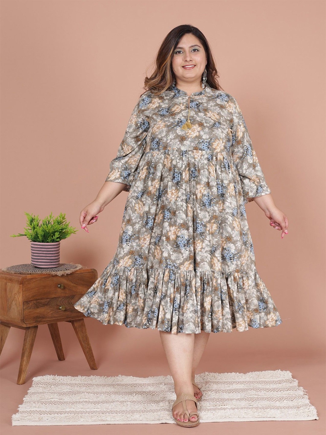 

KALINI Women Floral Print A-Line Dress Plus Size, Grey