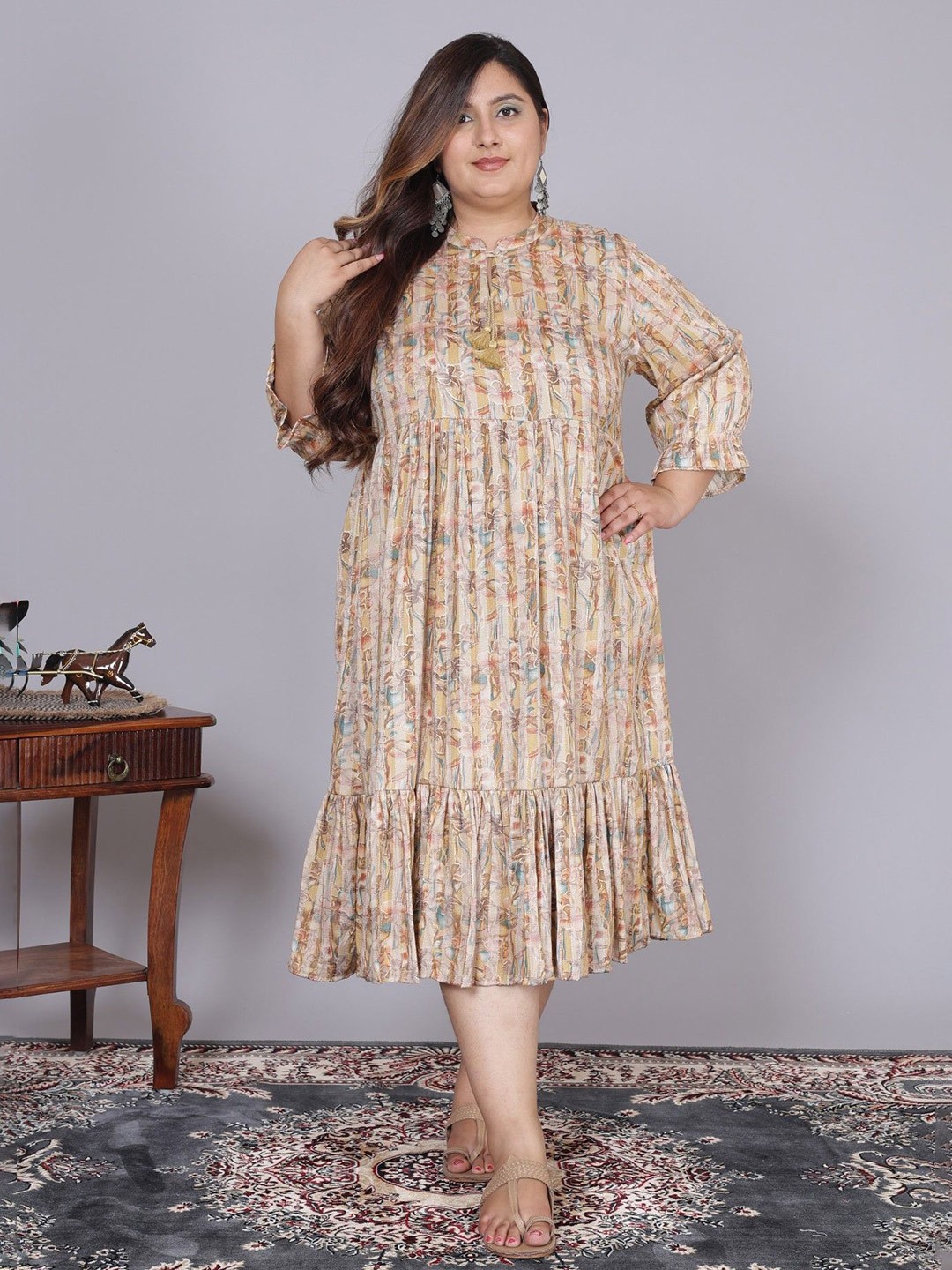 

KALINI Women Floral Print Mandarin Collar A-Line Dress, Yellow