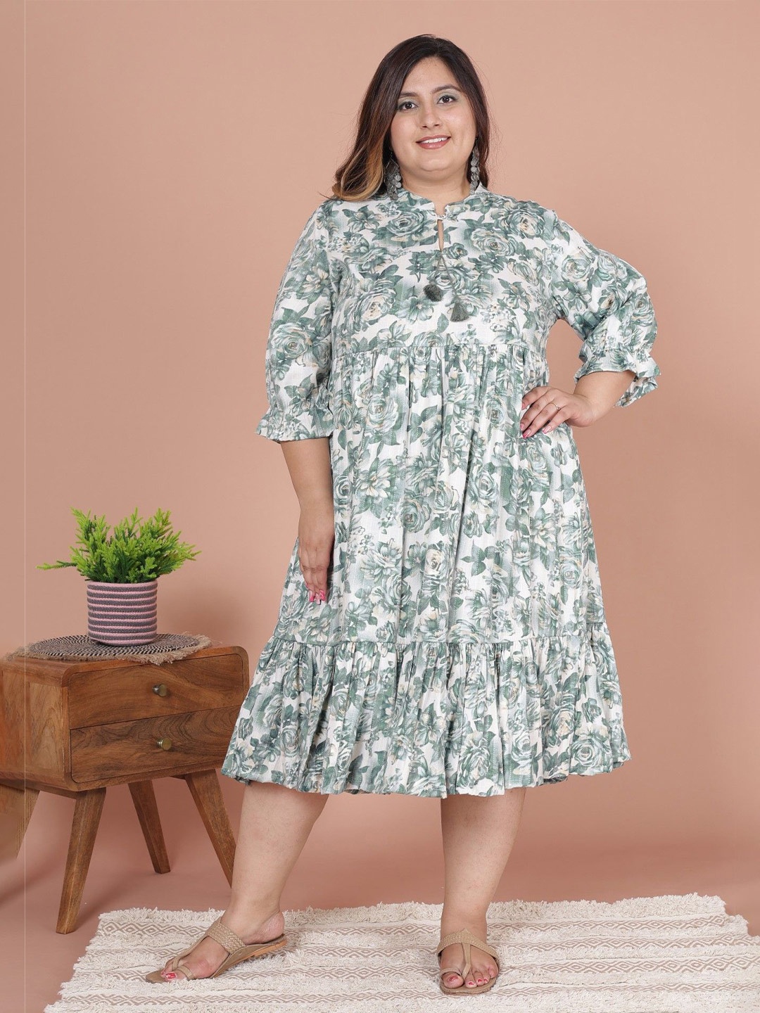 

KALINI Women Floral Print Puff Sleeves A-Line Midi Dress, Green