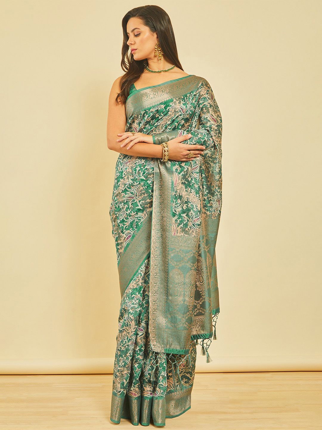 

Soch Ethnic Motifs Zari Chanderi Saree, Teal