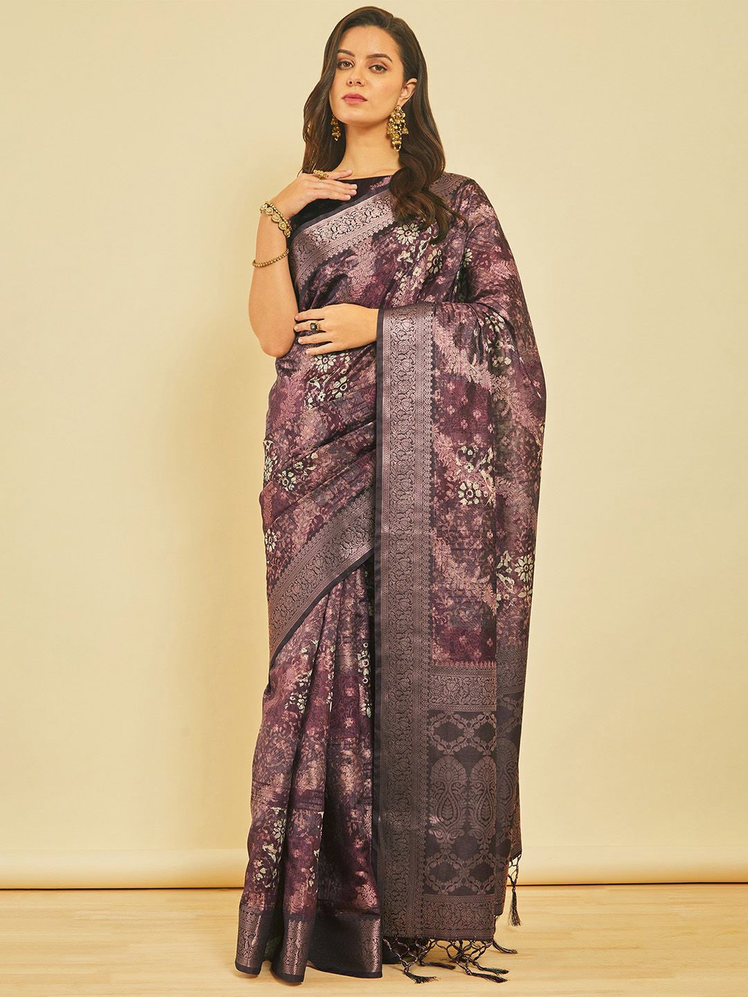 

Soch Floral Zari Chanderi Saree, Burgundy