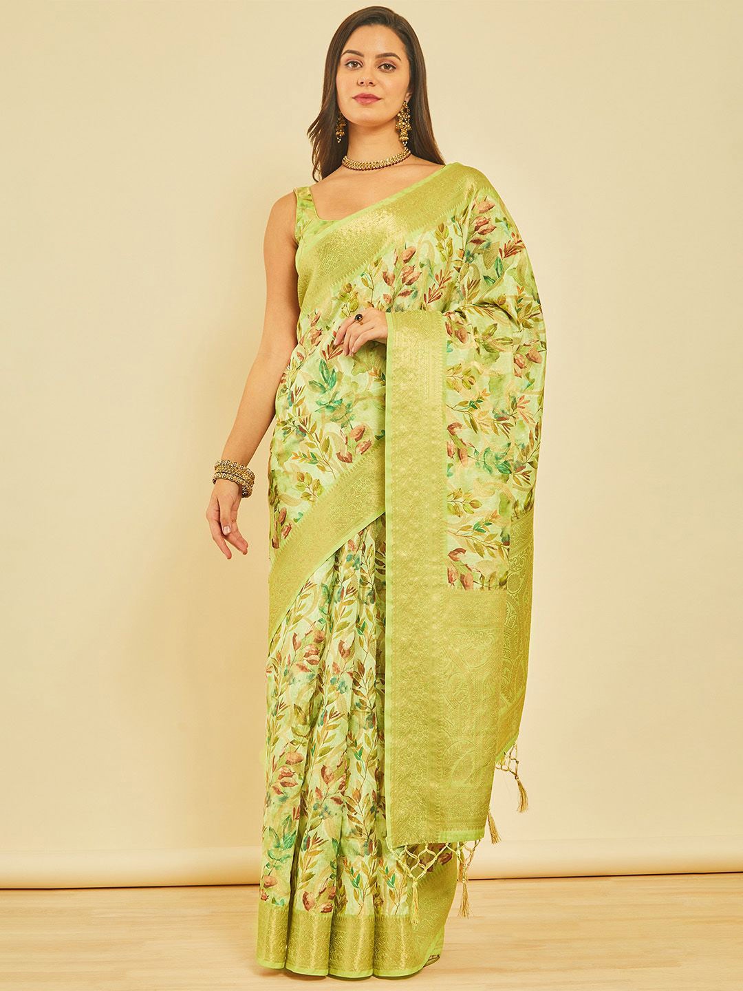 

Soch Floral Zari Chanderi Saree, Green