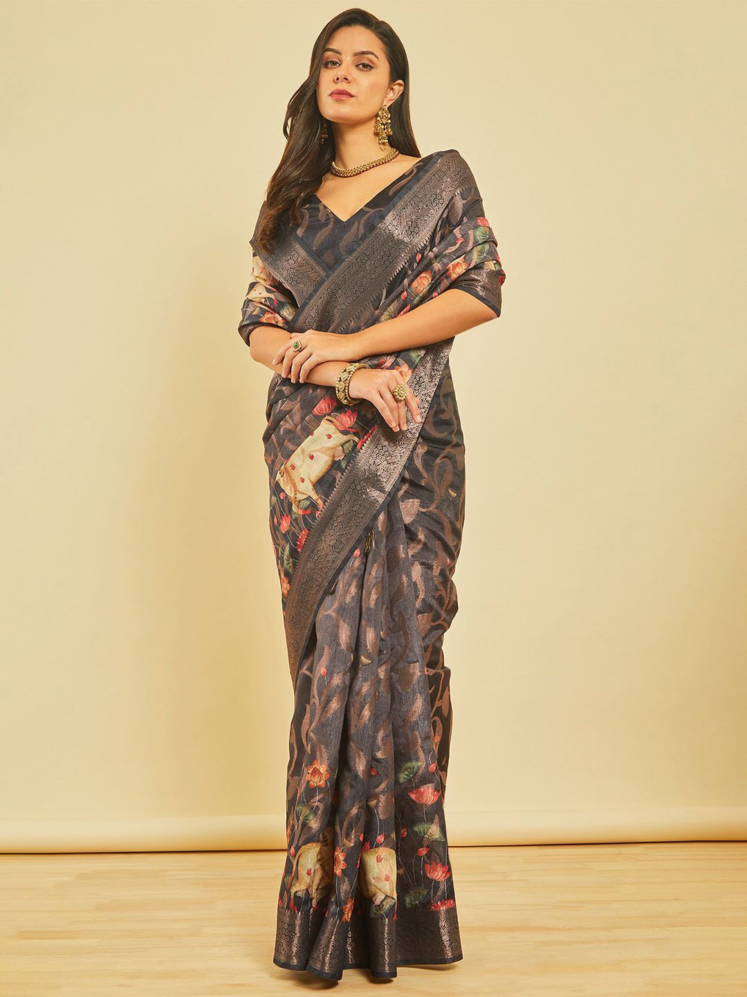 

Soch Floral Zari Chanderi Saree, Black