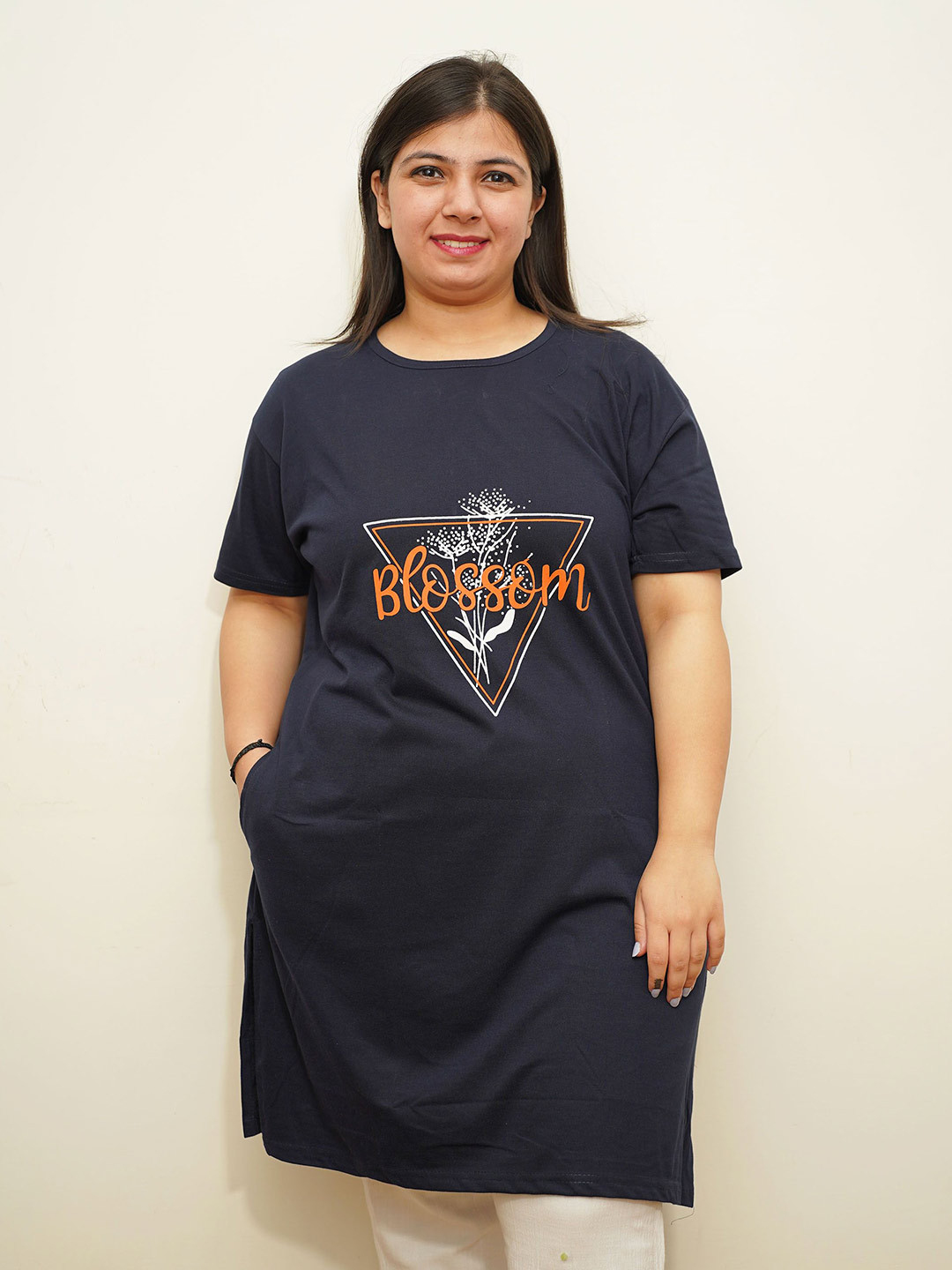 

APELLA Women Typography Printed Ethnic Raw Edge T-shirt, Navy blue