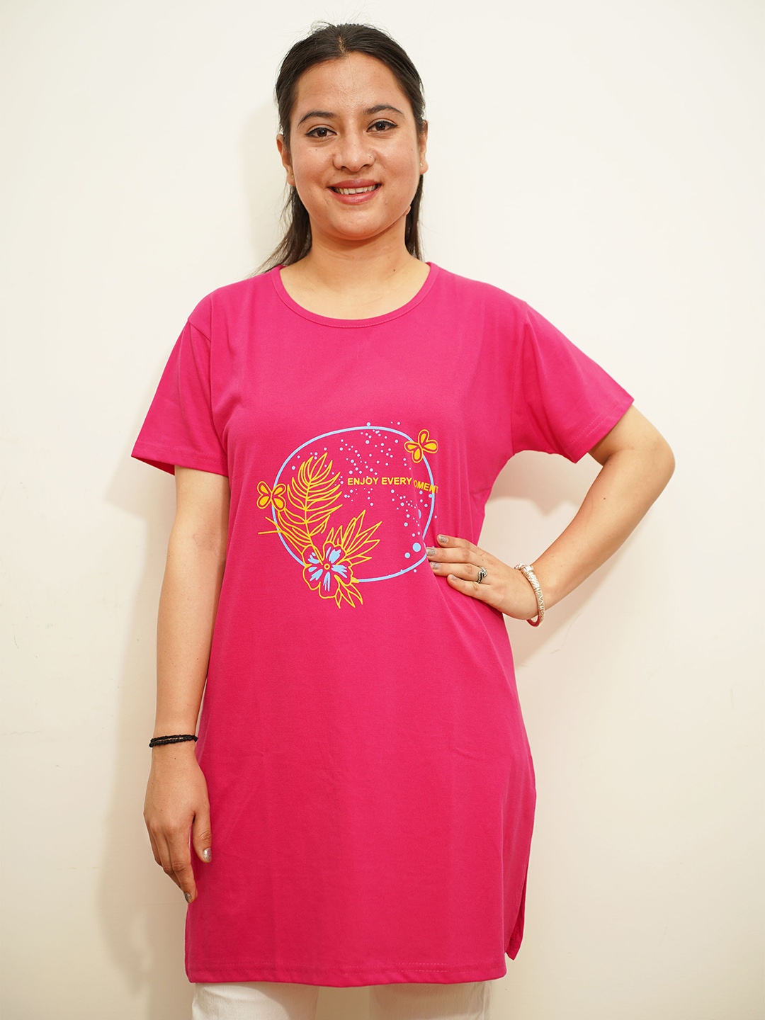 

APELLA Plus Size Printed Longline Cotton T-shirt, Pink