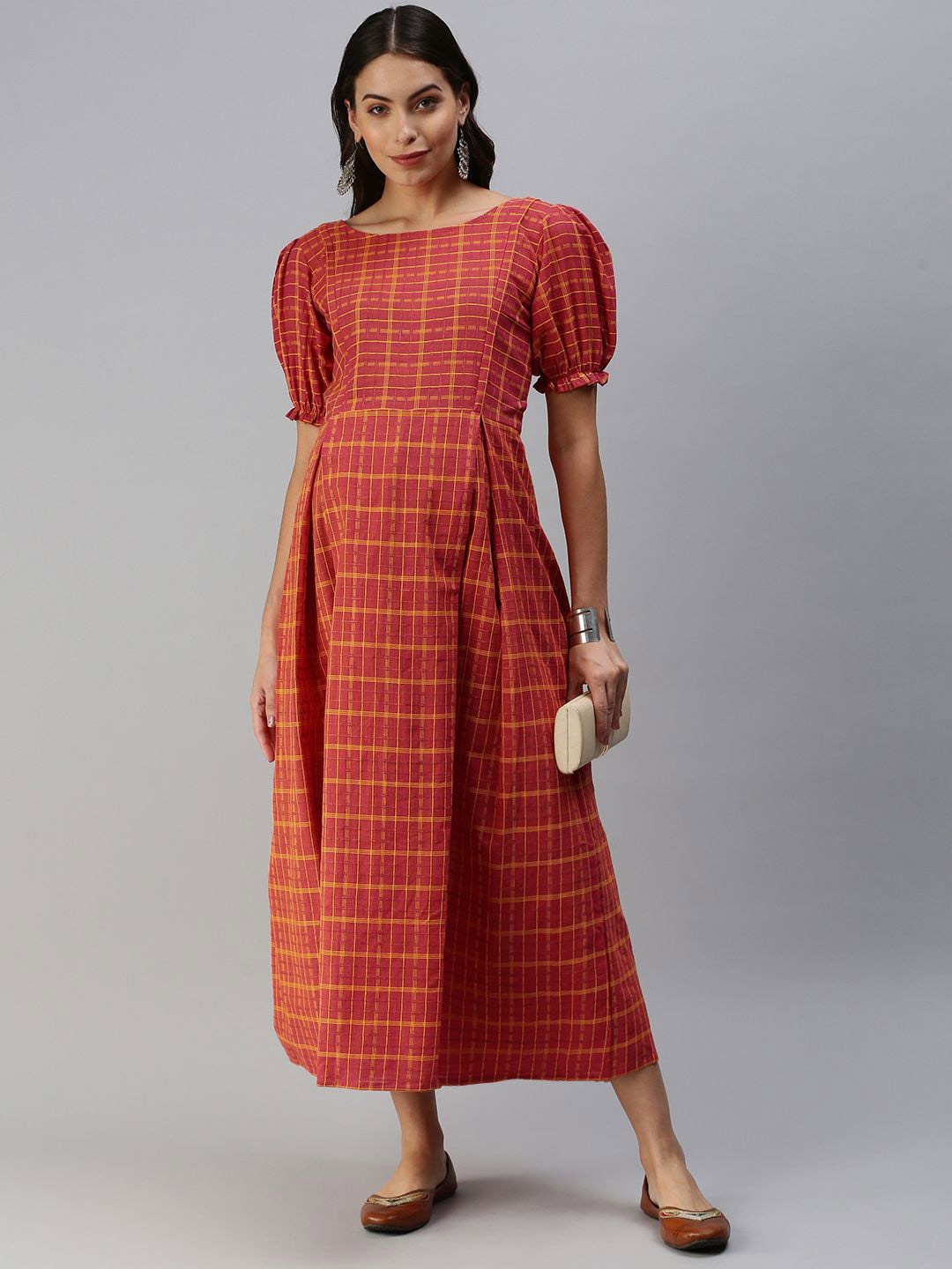 

Swishchick Checked Puff Sleeve Maternity Maxi Dress, Orange