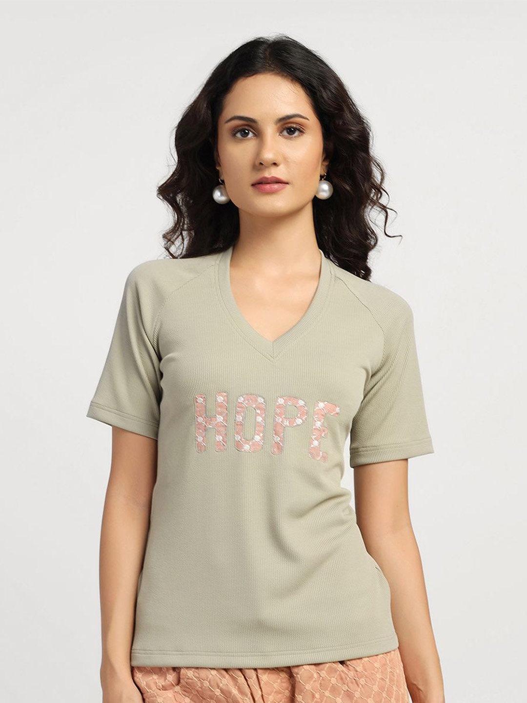 

LELA Women Typography Printed V-Neck Cotton T-shirt, Green