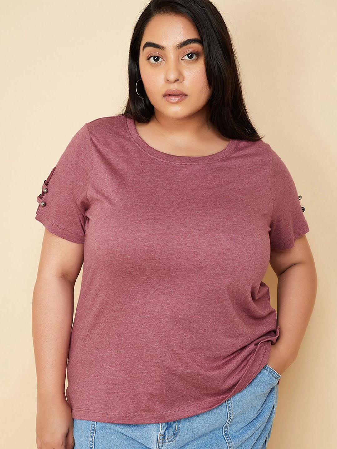 

max Plus Size Solid Round Neck Cotton Top, Mauve