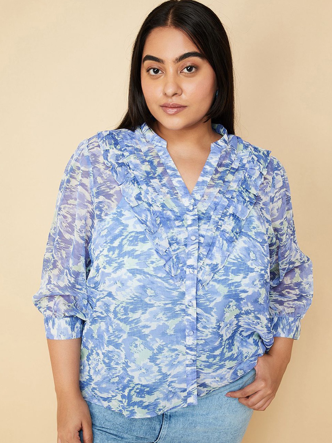 

max Plus Size Abstract Printed Ruffles V-Neck Shirt Style Top, Blue