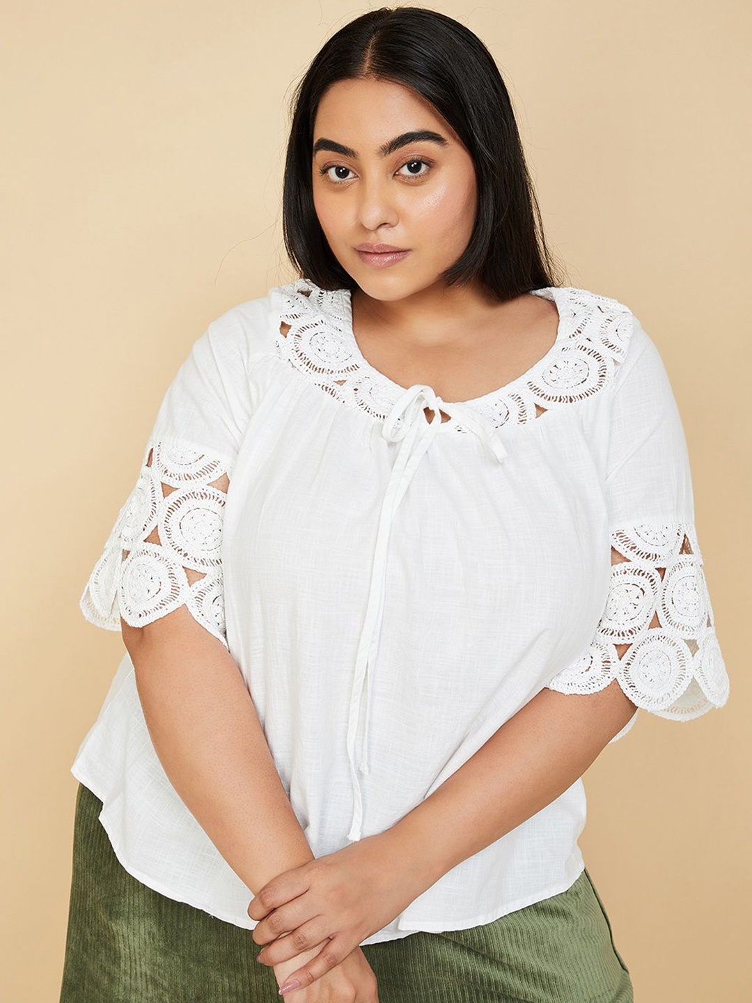 

max Plus Size Solid Tie-Up Neck Bell Sleeve Cotton Top, White