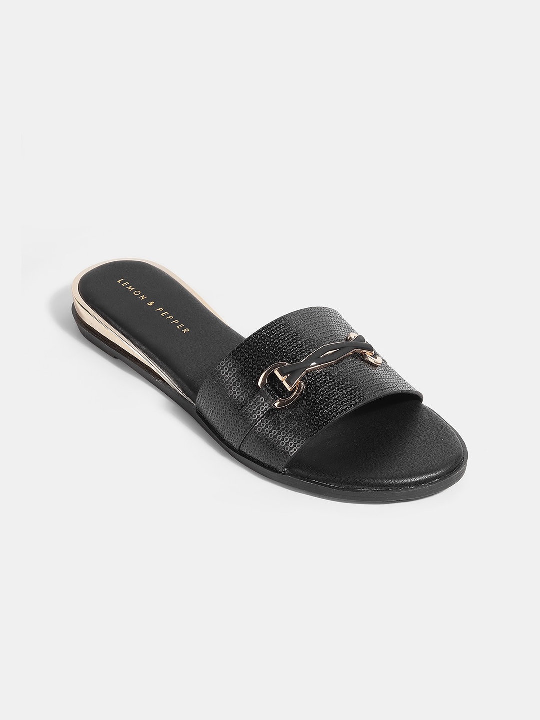 

LEMON & PEPPER Women Textured Open Toe Flats, Black